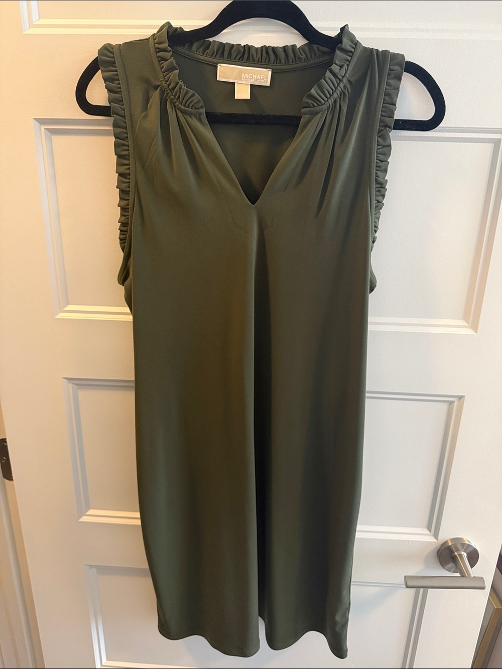 Michael Kors Olive Ruffle-Trim V-Neck Shift Dress